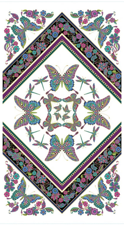 Alluring Butterflies White Kaleidoscope Panel w/Metallic # 13305MB-09