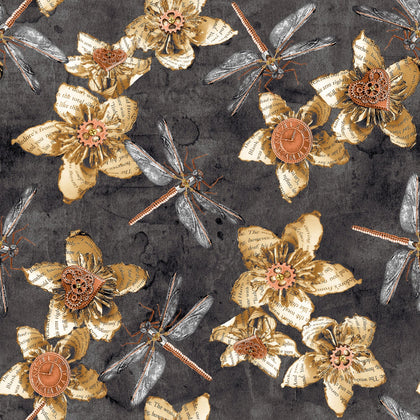 Full Steam Ahead -Charcoal Flowers with Dragonflies # BQ3934-95