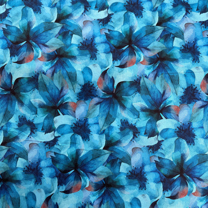 Pattern of blue flowers with a watercolor effect on a fabric background