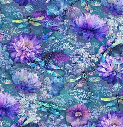 Dragonfly Mist -Multi Flying Dragonflies & Floral # CD3894-MULTI